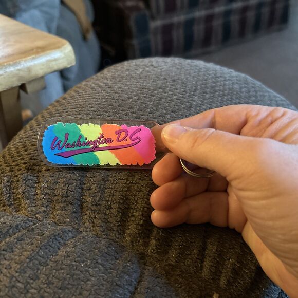 Washington DC Acrylic Souvenir Keychain Neon 70’s Look Rainbow Pride - Picture 1 of 3